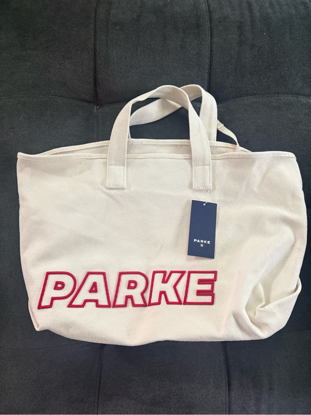 PARKe Cream Canvas Tote with Red Logo